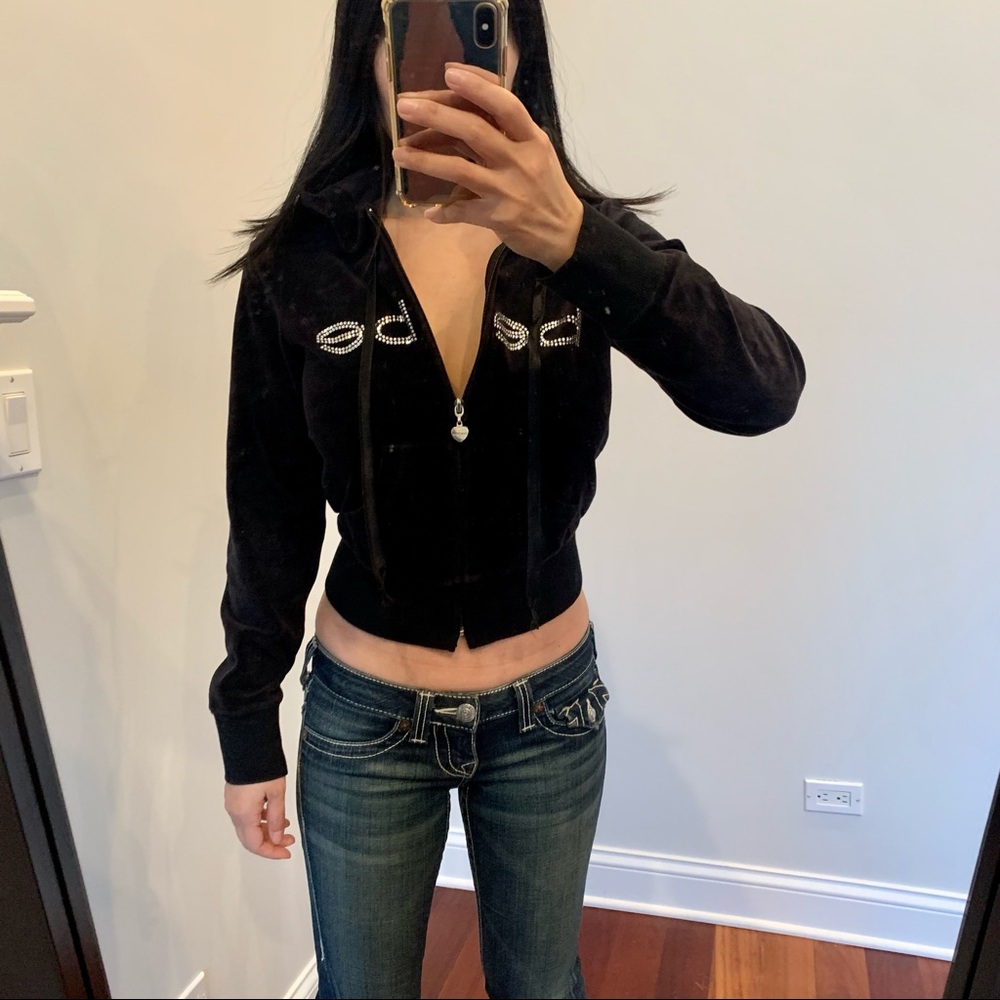 Bebe Logo Sport Crystal Velour zip hoodie track jacket sweatshirt women black S